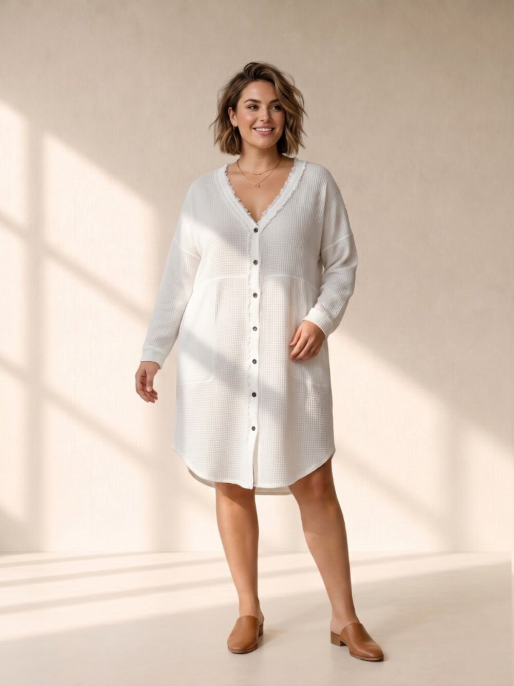 iGenjun White 100% Cotton Button Down Tunic Dress Coverup Pockets Size L Boho